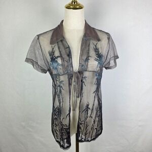 Voice Sheer Mesh Tie Front Top Brown Palm Tree Burnout Short Sleeve Large